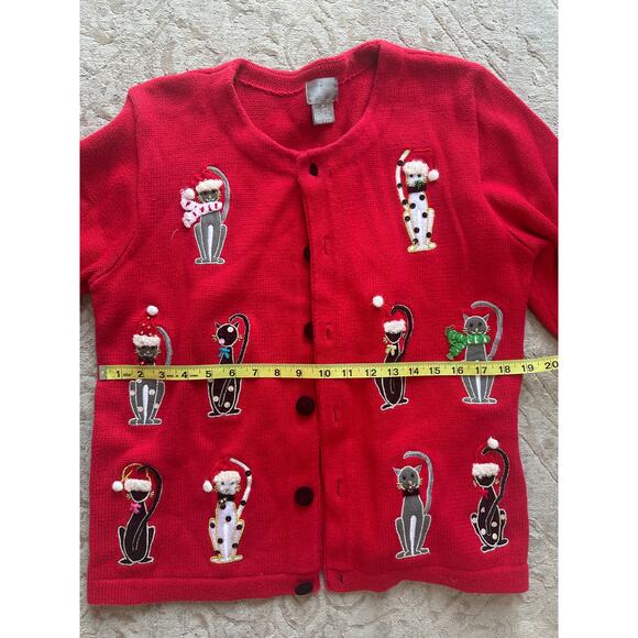 Vintage Cat Holiday Christmas Cardigan Sweater Red Button Front Women’s M - Picture 4 of 8